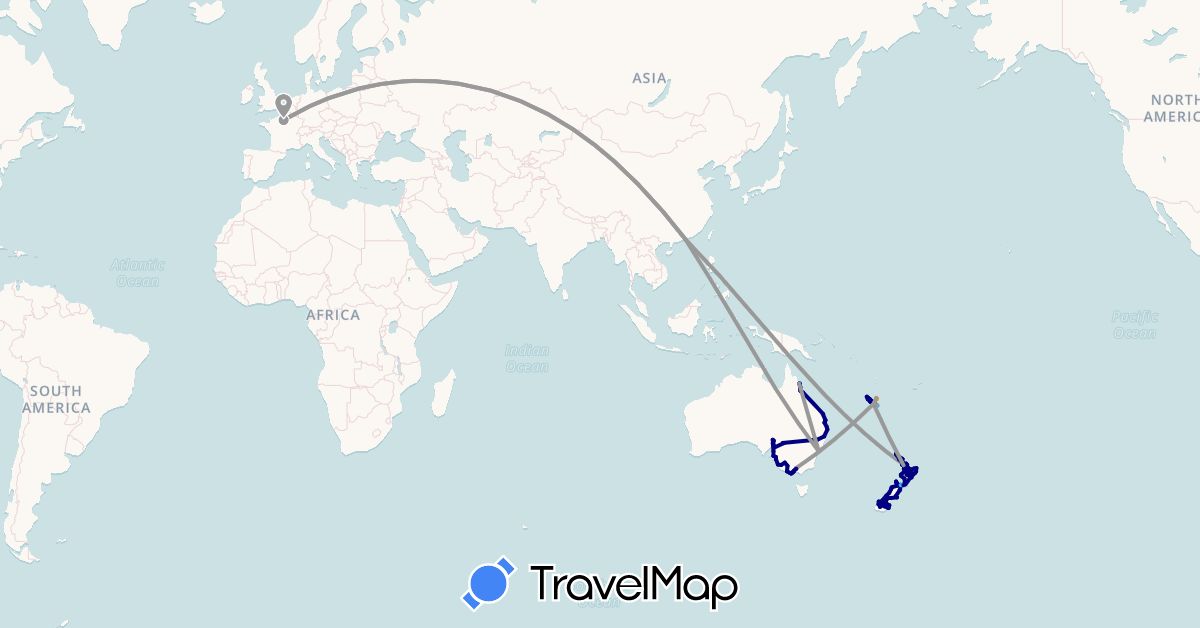 TravelMap itinerary: driving, bus, plane, cycling, train, hiking, boat, hitchhiking in Australia, France, Hong Kong, New Caledonia, New Zealand (Asia, Europe, Oceania)